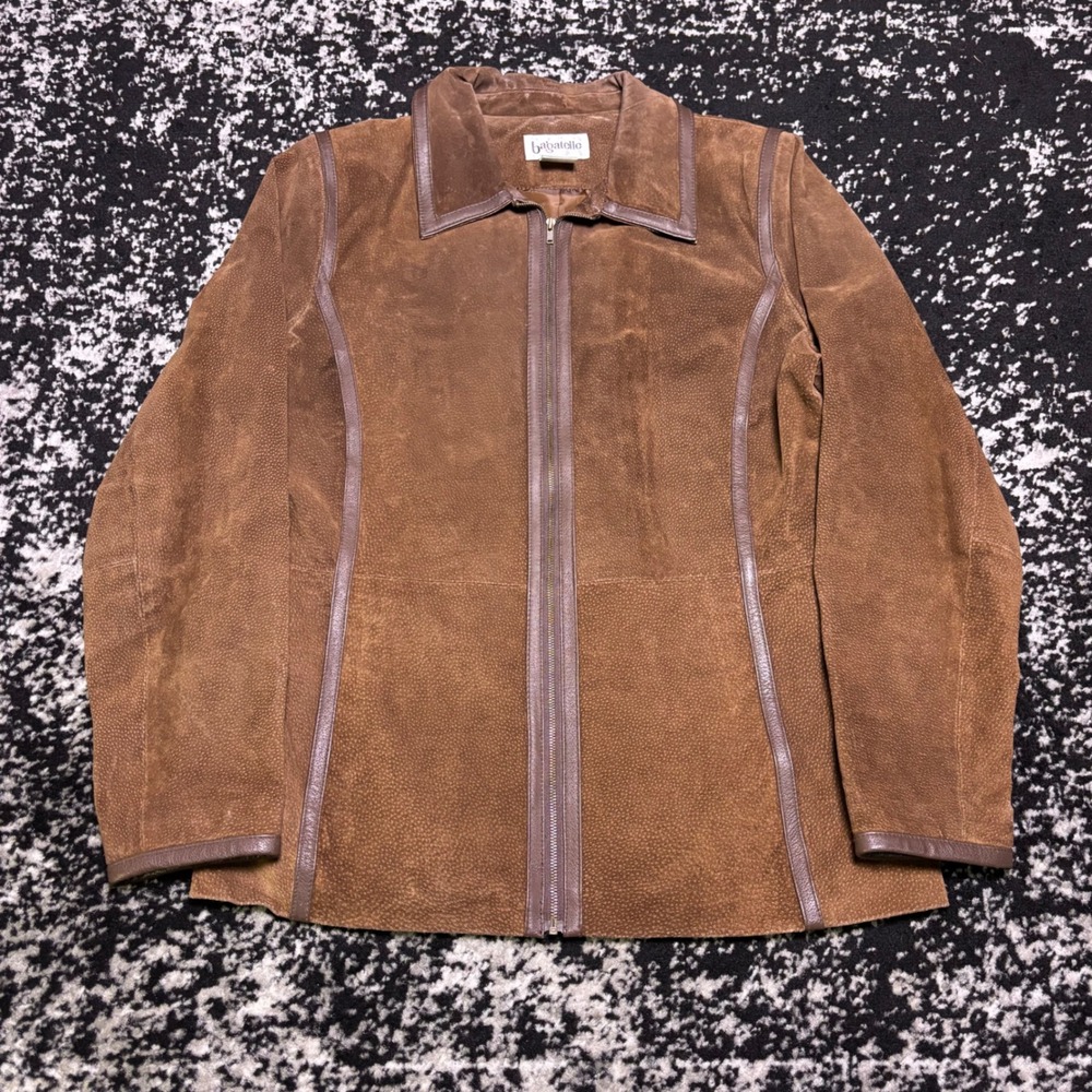 Bagatelle Brown Suede Leather Jacket Y2K Full Zip Perforated Trim Womens Medium